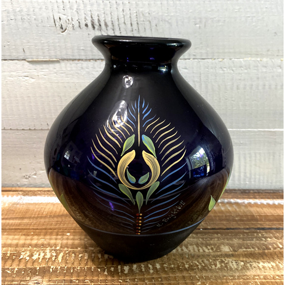 Vintage Fenton Glass Purple Vase Painted Peacock Feather K. Brightbill 7.75" - Picture 1 of 12